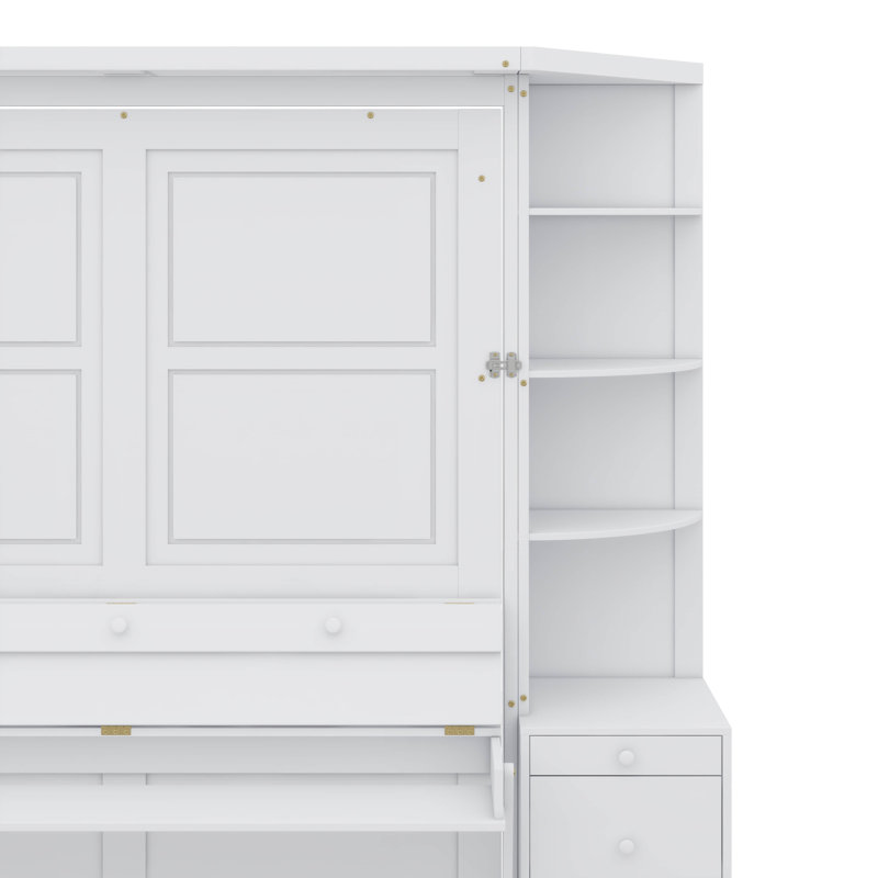 Grand lit escamotable avec bureau intégré, unités de rangement et armoires, Blanc