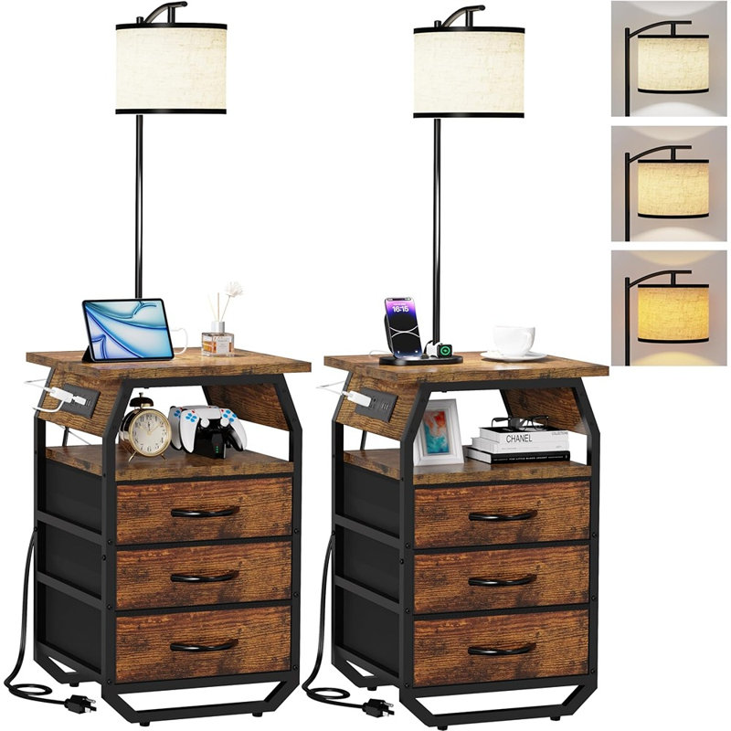 Lot de 2 lampadaires avec tables d'appoint, lampes intégrées et bornes de recharge, brun