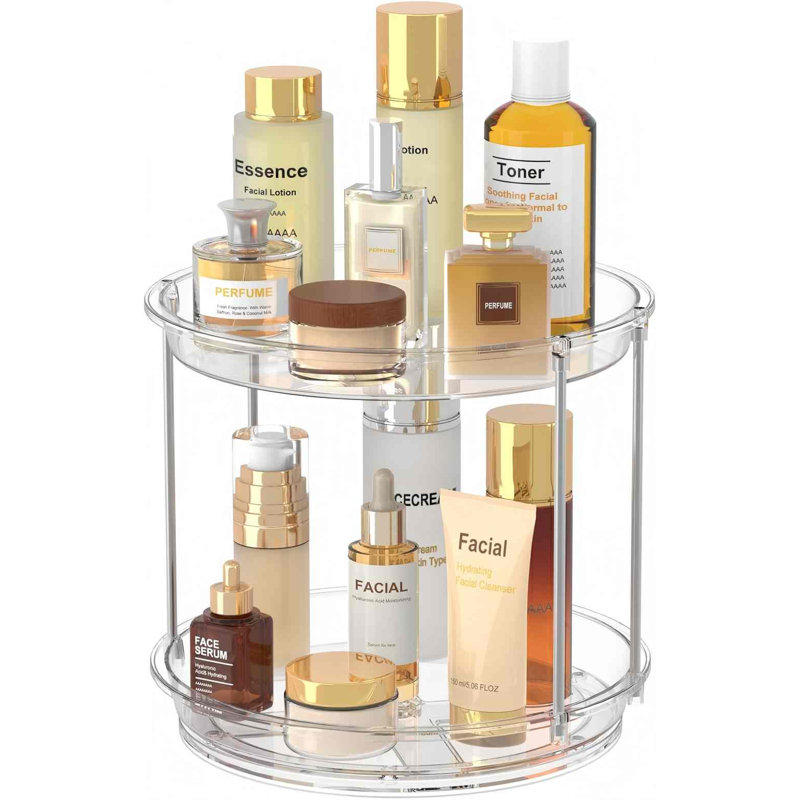 Organisateur de maquillage rotatif 360 ° - Organisateur de plateau tournant à 2 niveaux, organisateur de comptoir de salle de bain transparent, plateau de parfum pour la toilette Spinning Skincare