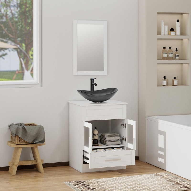 Meuble-lavabo autoportant avec lavabo, Blanc, Noir/gris
