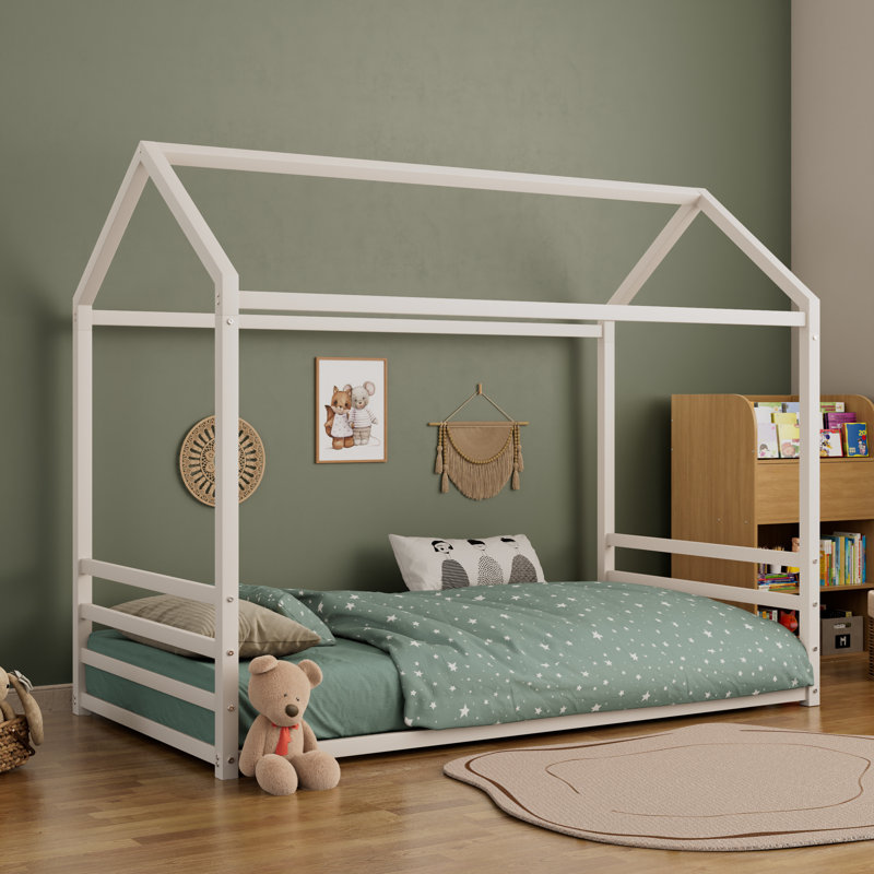 Structure de lit en métal d'inspiration Montessori, forme de maison délicieuse avec garde-corps pour enfants et tout-petits, assemblage rapide
