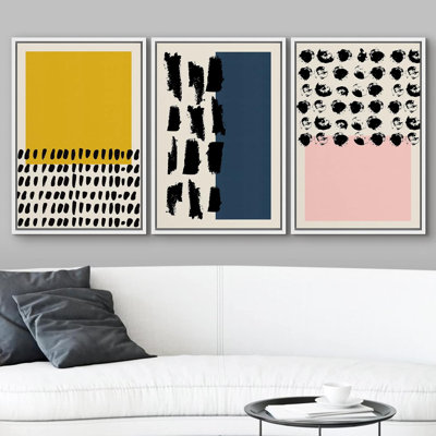 Abstract Vibrant Color Blocks " Yellow, Blue And Pink Multicolor Blocks With Dark Ink Shapes Geometric Patterns Modern Art Nordic " 3 - Pieces