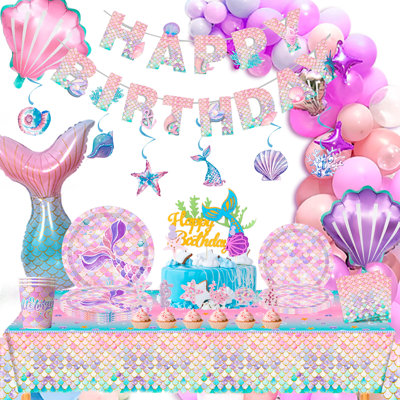 Mermaid Birthday Party Supplies, 90 Pcs Mermaid Party Decorations & Mermaid Party Tableware Set