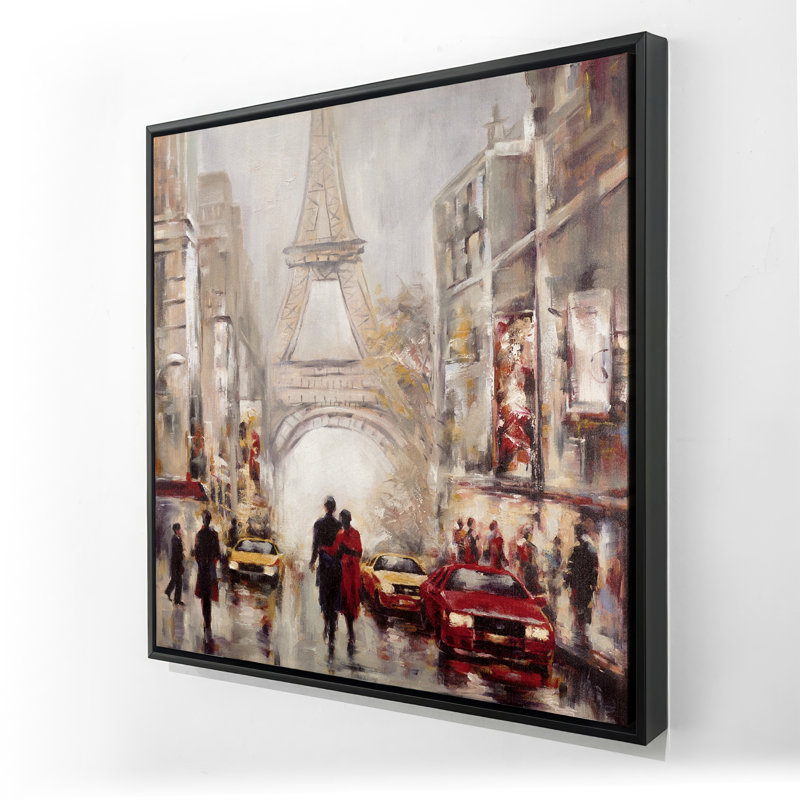 Rue animée de Paris avec la Tour Eiffel - Toile beige