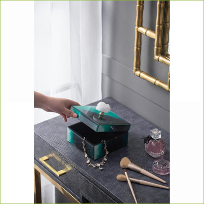 Stackable Jewelry Box With Lid, Decorative Aqua Bethany 6x6x5 Inches | Colorful | MDF+glass