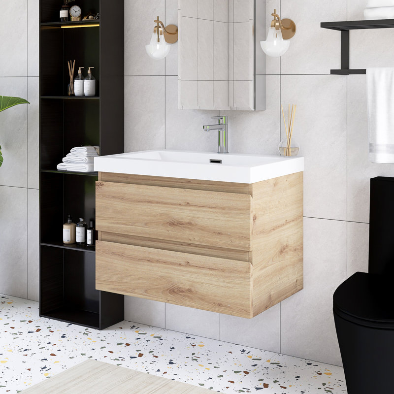 Meuble-lavabo mural simple 30 po avec plateau en résine intégré, Chêne