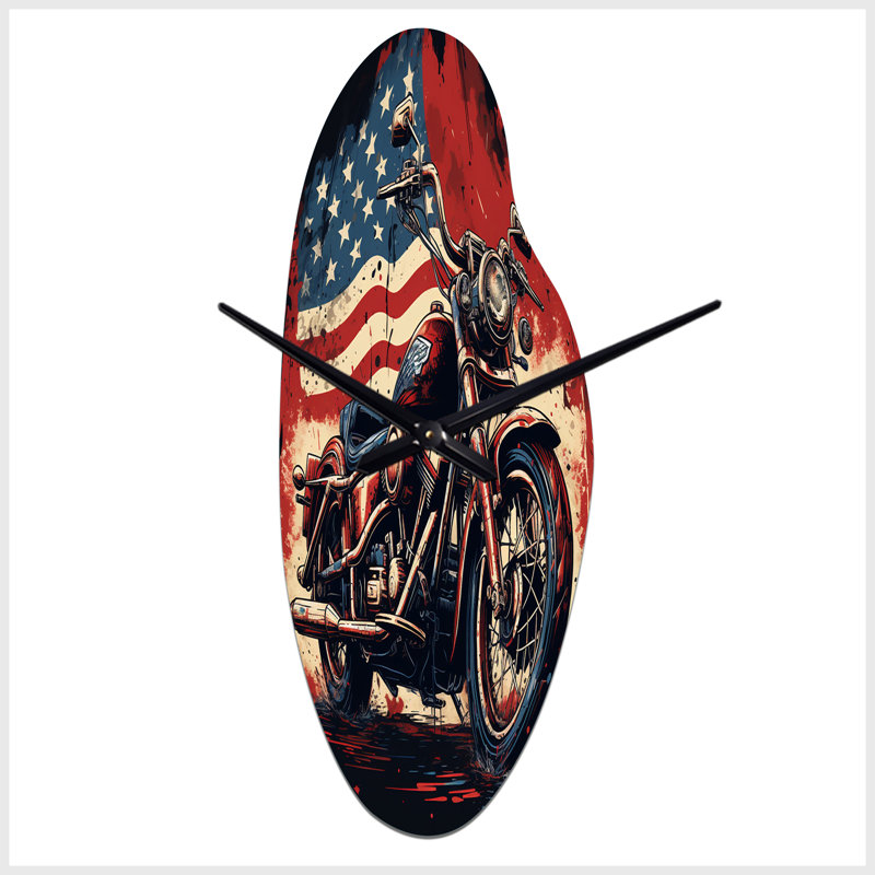 Motif McCarney - motocyclette - fond bleu rouge - horloge murale en métal rouge, Médium