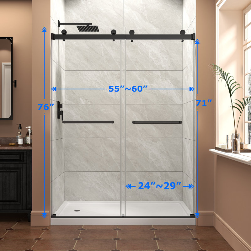 Porte de douche coulissante double sans cadre 55 po à l 60 po x H 76 po avec porte de douche réversible à installation latérale avec verre trempé de 5/16 po de style GVSC, film antidéflagrant Nano, noir mat