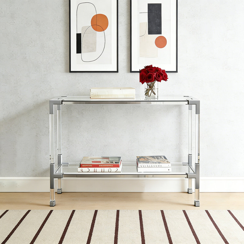 Console moderne en verre acrylique, H 31,5 po x l 31,5 po x P 13,78 po, Transparent / Argent
