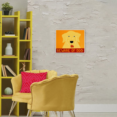 Beware Of Dog Yellow & Red Framed Giclee, design by Stephen Huneck