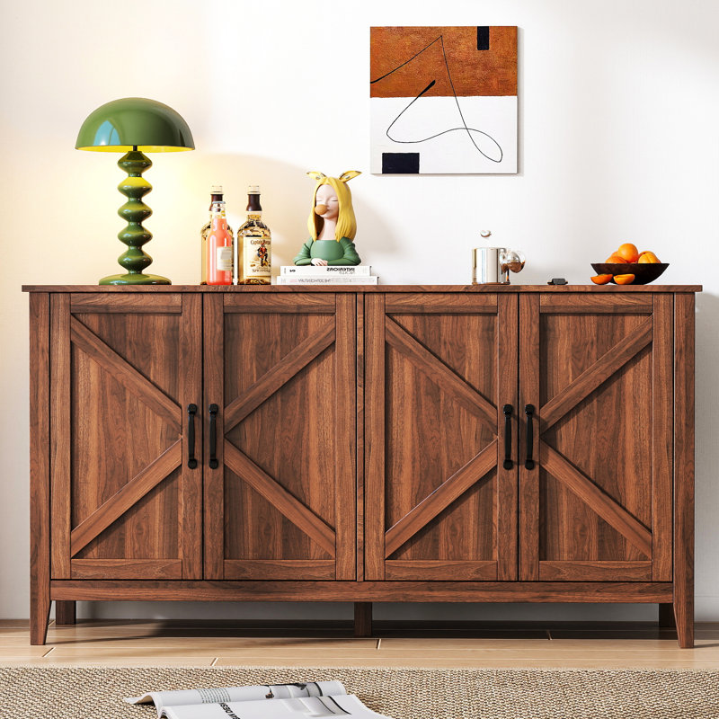 Buffet autoportant avec 4 portes et tablettes ouvertes - Vaste espace de rangement pour la chambre à coucher, le salon, la salle à manger en noyer, le bureau facile à nettoyer