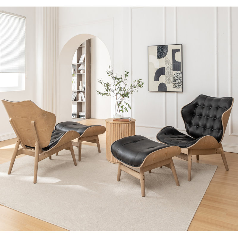 Jeyshan Upholstered Lounge Chair and Ottoman, Black Faux Leather