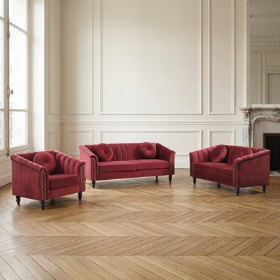 3 Piece Burgundy Velvet Sofa Set
