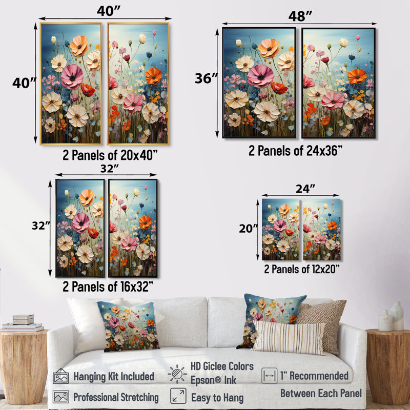 Fleurs abstraites dansantes - pétales dansants - art mural traditionnel 2 panneaux, 32" H x 32" W, Brown