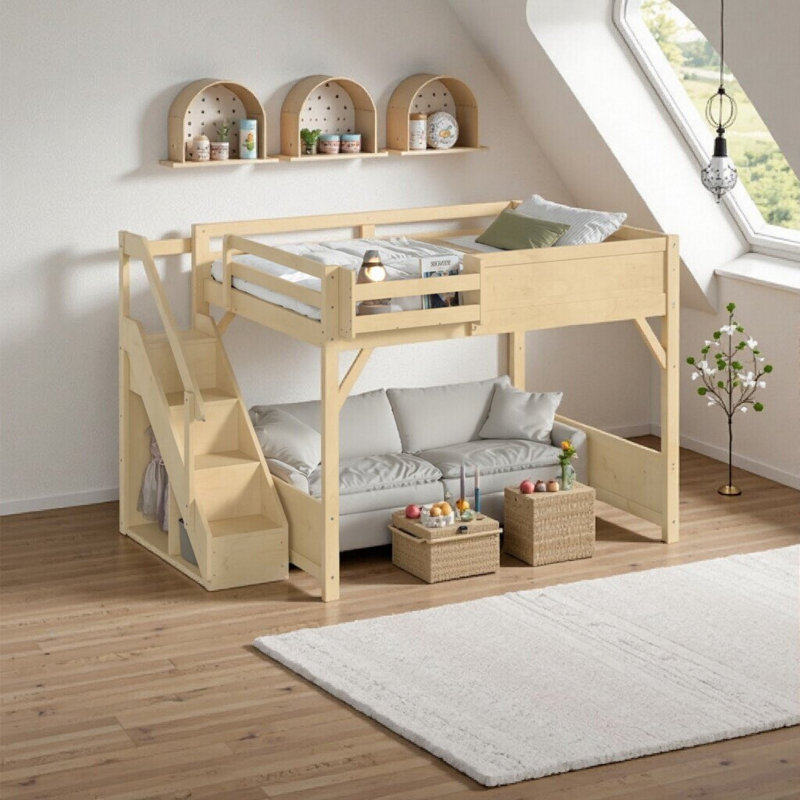 Grand lit mezzanine en bois massif avec garde-robe intégré, tablettes de rangement et rails de sécurité, Queen, Natural