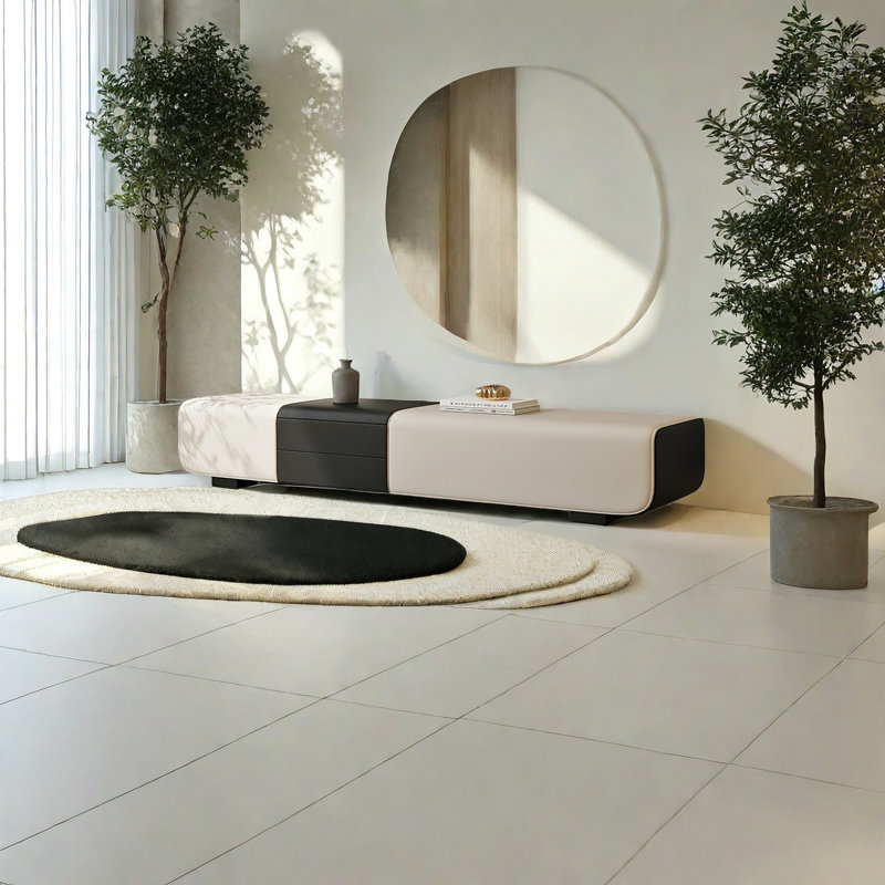 Banc de rangement rembourré en microfibre Sikender, Noir / Blanc cassé