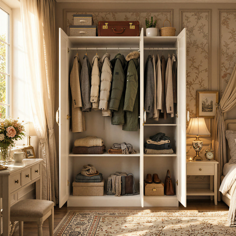Armoire 3 portes avec tringle et tablettes suspendues, armoire de chambre élégante avec rangement organisé