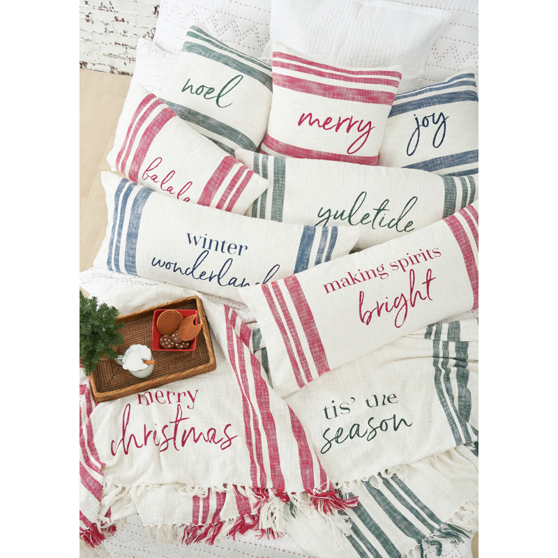 White and Green Yuletide Woven Rectangular Throw Pillow