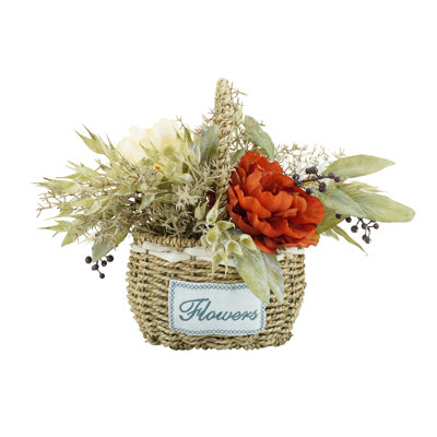Arrangement de panier rustique floral - centre de table artificiel d'automne avec rose et verdure