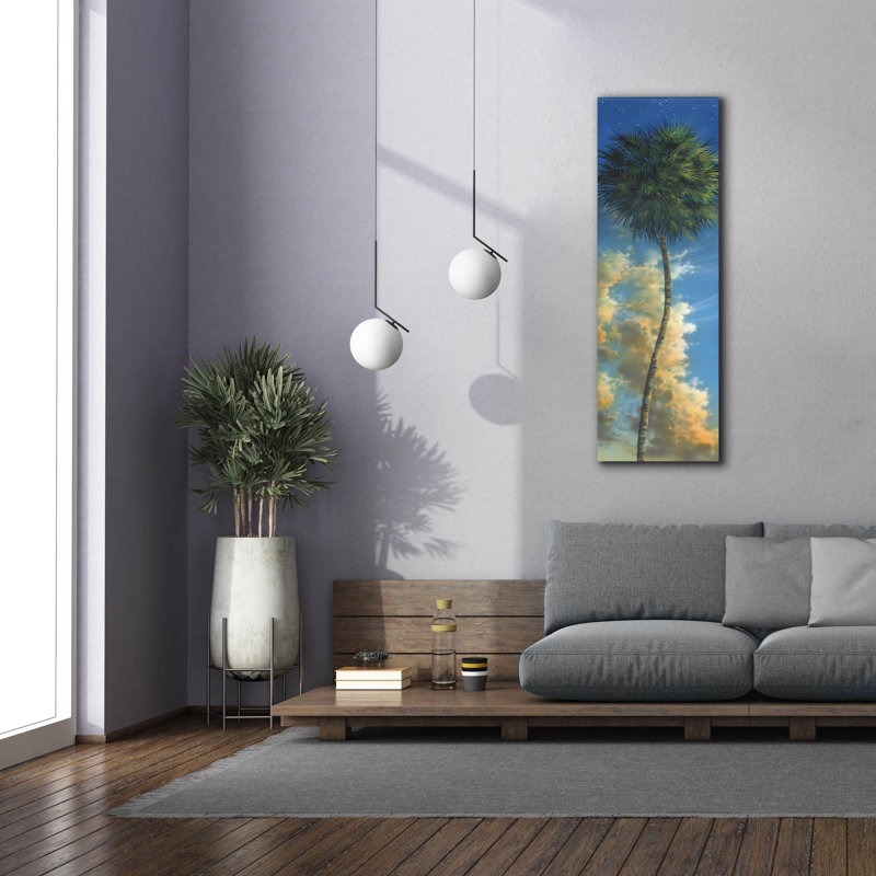 «Lone Palm Left Egret II» par James Mazzotta, art mural sur toile, H 60 po x l 20 po