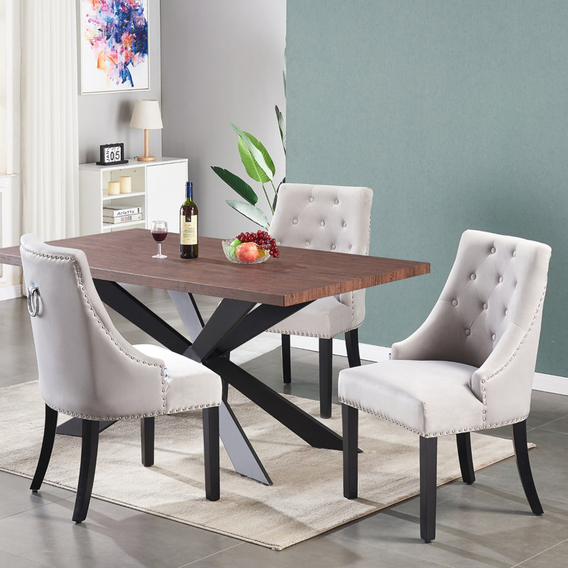 Trista 6 Person Dining set - a Rectangular Wooden Dining Table with Metal Legs and a Set of 6 Quilted Ring Knocker Velvet Dining Chairs for Dining Room - Modern Dining Table Set