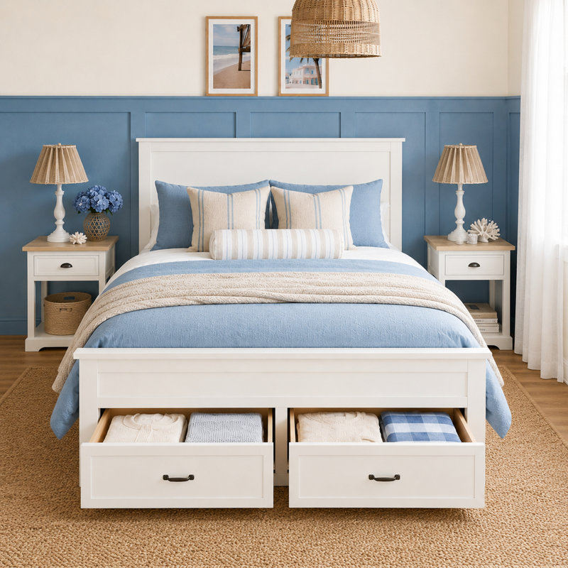 Modern Queen Size Platform Bed with 6 Storage Drawers and Wood Slat Support, White