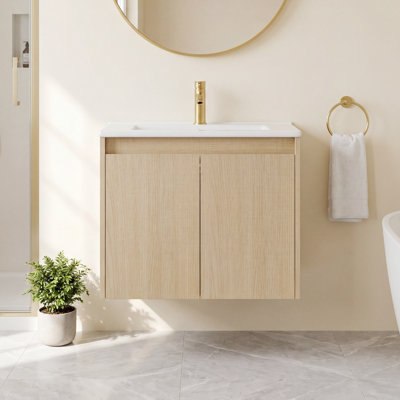 24" Floating Single Bathroom Vanity with Ceramic Sink and Handle-Free Design