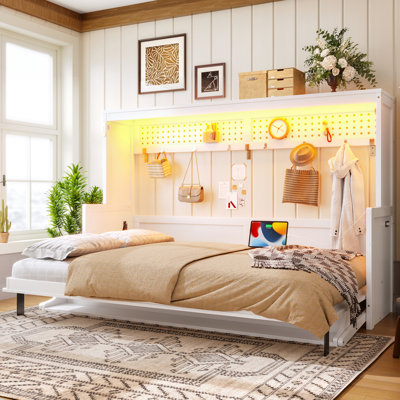 Lit double de couleur blanche avec bureau, rangement, charge et lumières DEL pour les petits espaces de travail à domicile dans une station de charge intégrée, configuration de bureau
