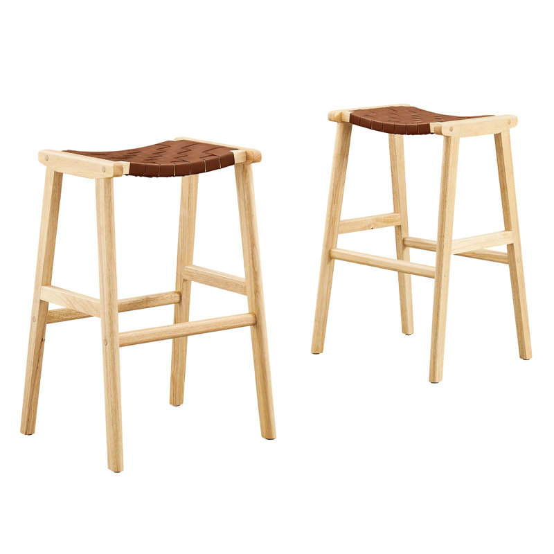 Modway Saoirse Counter/Bar Stools, Bar Stool (29.5” Seat Height), Brown Leather/Natural Frame