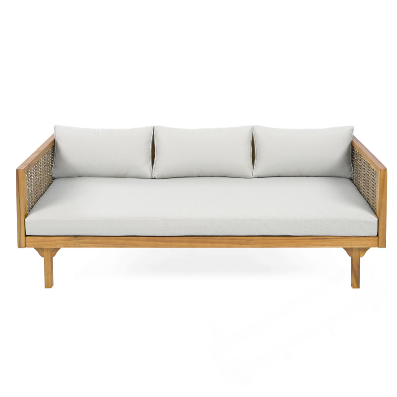 3 Seater Daybed With Rattan Arms, Light Gray, Teak