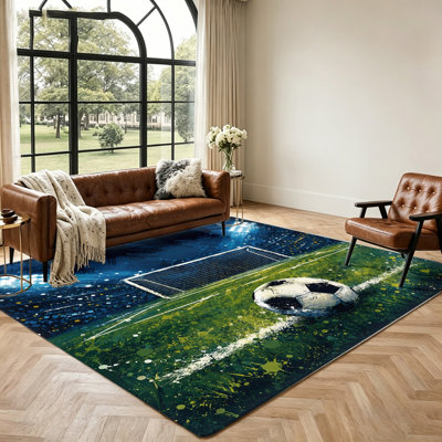 Tapis de terrain de football, tapis de sol de conception de ballon de soccer, tapis à thème sportif vibrant pour le salon, la chambre à coucher, le jeu, les enfants, la décoration homme des cavernes, maison unique, intérieur, durable et lavable, tapi