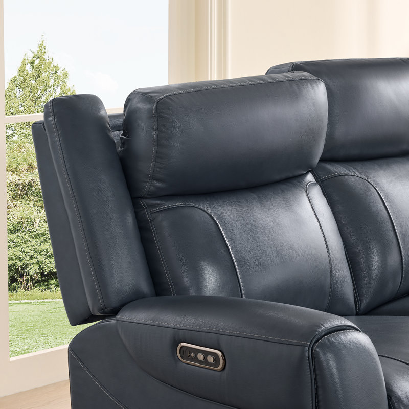 3-Seat Dual Motor Genuine Leather zero clearence recliner Power Recliner Sofa With Power Headrest And Console, Navy