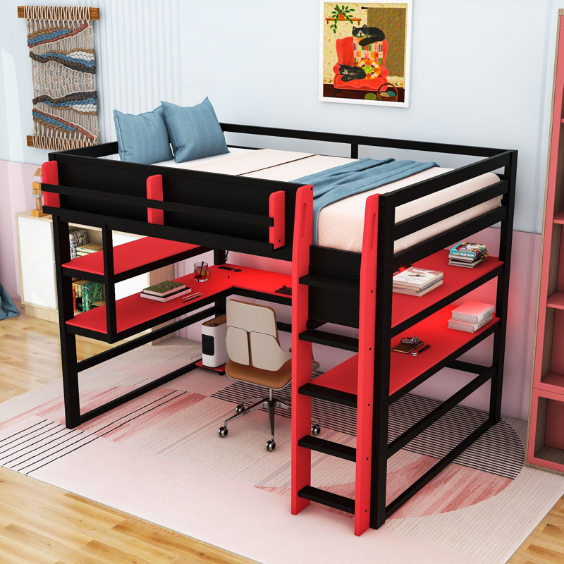 Lit mezzanine en bois avec bureau, lumière DEL, ports de chargement et tablettes, Lit double, Rouge