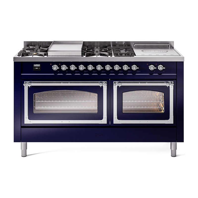 ILVE Nostalgie II Noblesse 60 in Dual Fuel Range 7 Burner, Griddle, Frenchtop, Liquid Propane, Midnight Blue/Chrome