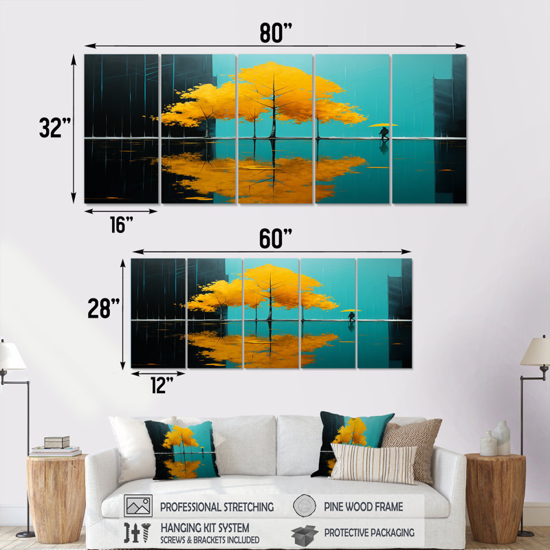 Arbre jaune, feuilles d'or dorées sous la pluie - art abstrait paysage 5 pièces, H 28 po x l 60 po