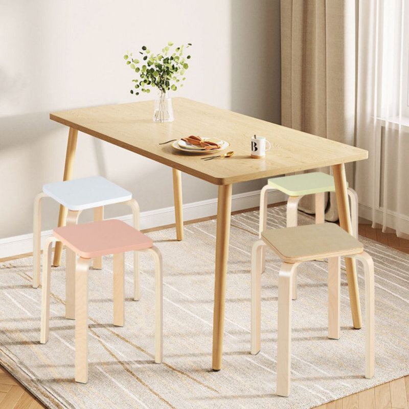 Stackable Stools Set Of 4 With Square Top And Rounded Corners, Natural/Green/Pink