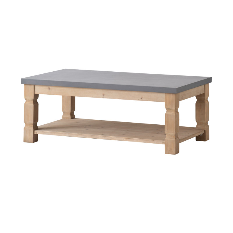 Table basse brune et grise rectangulaire avec plateau en béton et structure en bois