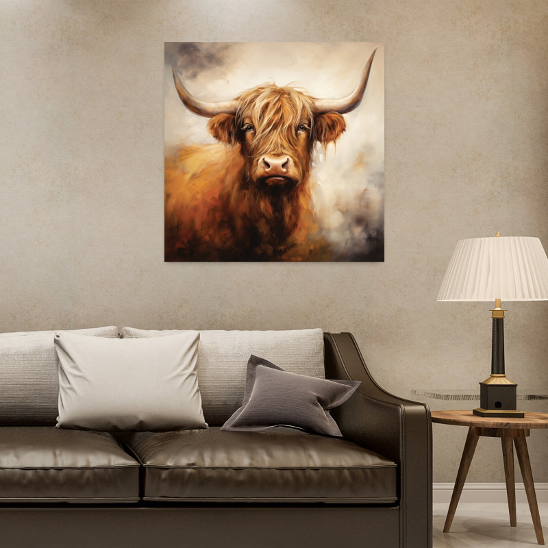 Art contemporain rustique avec vache Highland, H 32 po x l 32 po