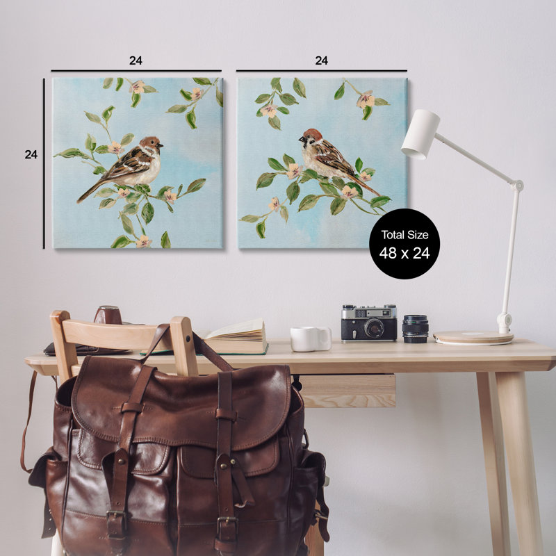 Ensemble d'art mural en toile 2 pièces "Sparrow On Apple Blossoms", design par Sally Swatland, H 24 po x l 24 po