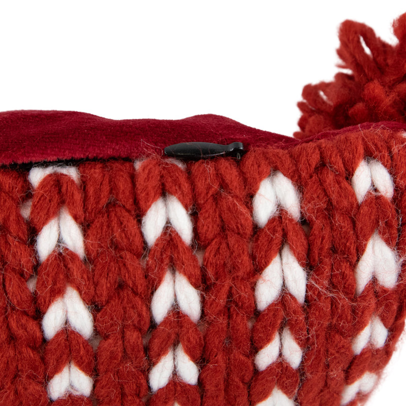 Coussin 18 "en tricot rouge et blanc avec pompons, Pois rouges, Carré 18 po