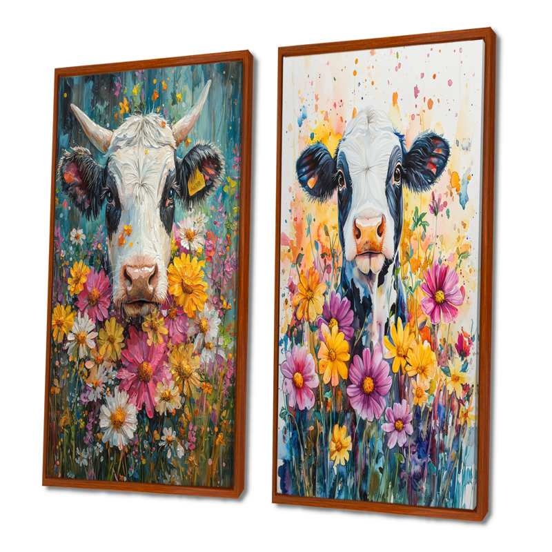 Cow Cow Daisies With Hibiscus I - Collection d'art sur toile 2 animaux, H 40 po x l 41 po, Cadre flottant brun