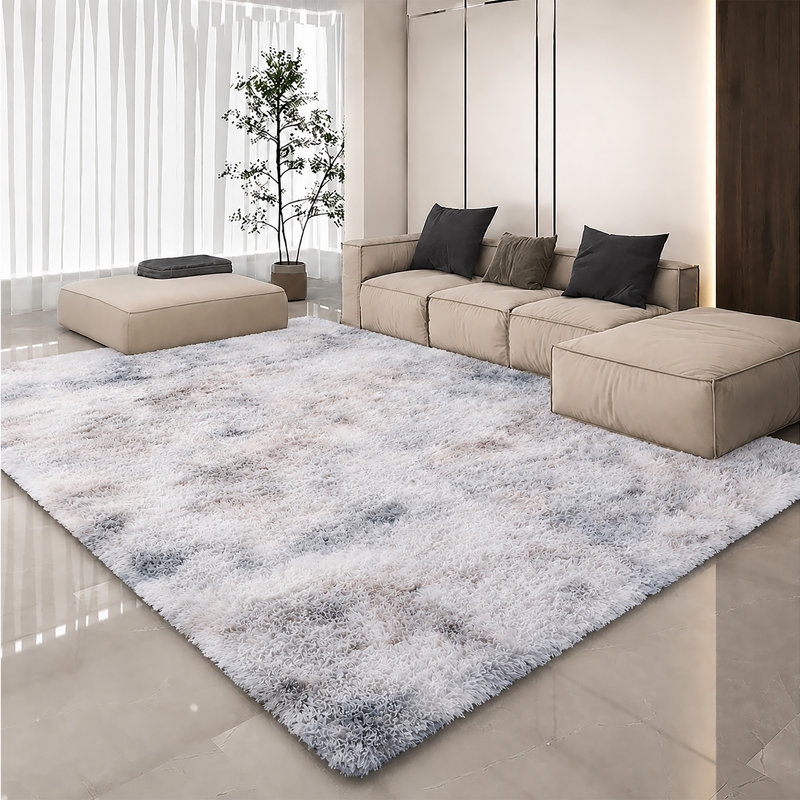 Luxury Plush Shaggy Area Rug & Runner, Soft Deep-Pile Non-Slip Living Room Carpet, Rectangle 120 x 170 cm, Tye Dye Light Grey