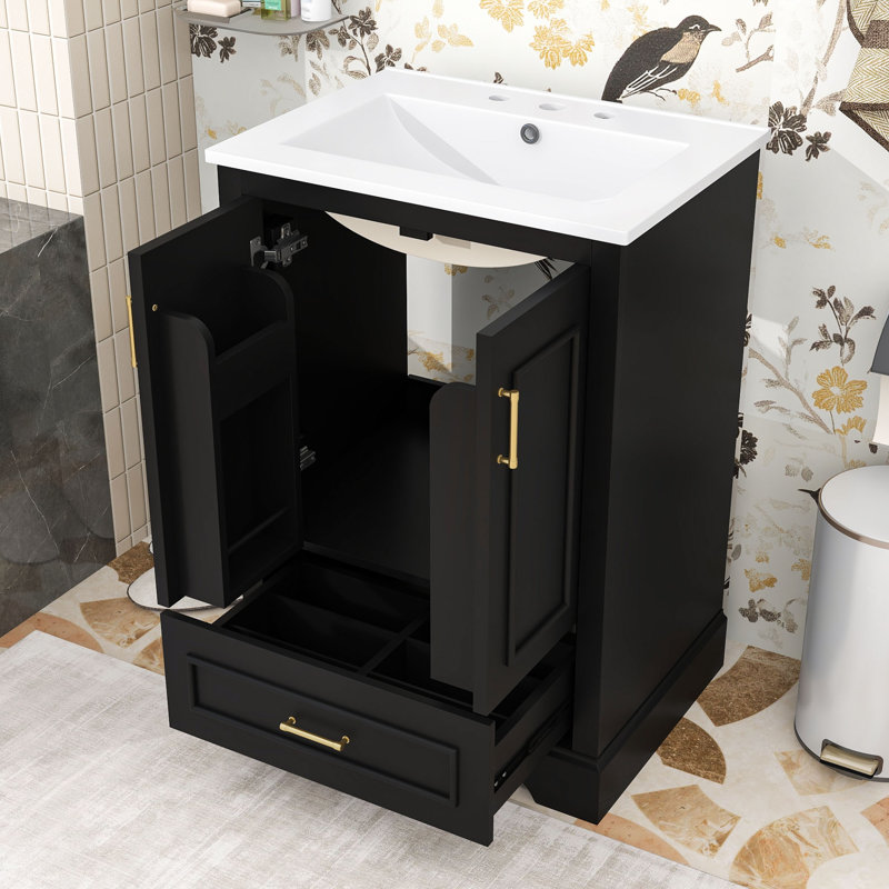 Meuble-lavabo de salle de bain avec lavabo en céramique, tiroir de rangement et armoire à fermeture en douceur, Noir