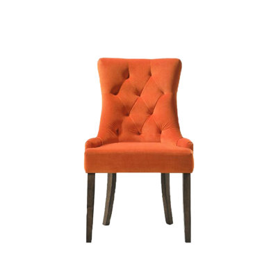 De 2 chaises d'appoint de salle à manger orange, chêne patiné, rembourrées de tissu, siège rembourré de mousse, garniture cloutée, profondeur du produit, hauteur du tissu, mousse, dossier, largeur, siège