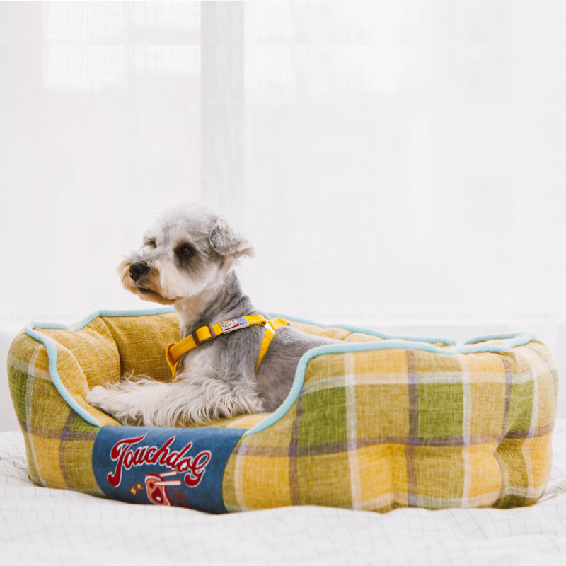 Lit pour chien à motif écossais Touchdog «Archi-Checked», Moyen (l 21,7 po x P 17,7 po x H 7,1 po), Jaune