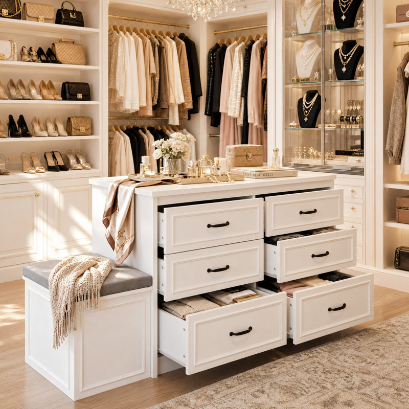 61.9" Wide Double-Sided 12 Drawer Dresser with Storage Bench, Bedroom Closet Island Organizer for Walk-In Closet and Bedroom Storage