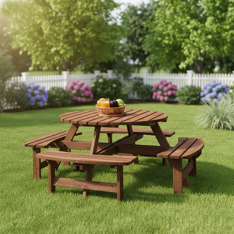 Raeis 70.05'' Outdoor Picnic Table with 4 Built-in Benches, Round Outdoor Table with Umbrella Hole , Seats Up To 8 Persons