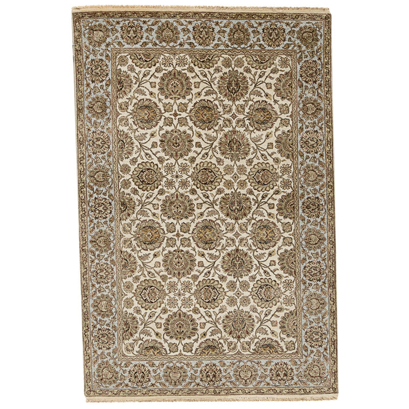 High-Quality Hand-Knotted Ivory And Light Blue Area Rug