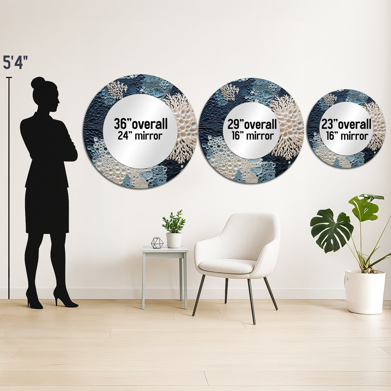 Under Water Blue And White Corals Collage - Coastal Unique Mirror, Coastal Large Round Wall Mirror, Printed Metal Art