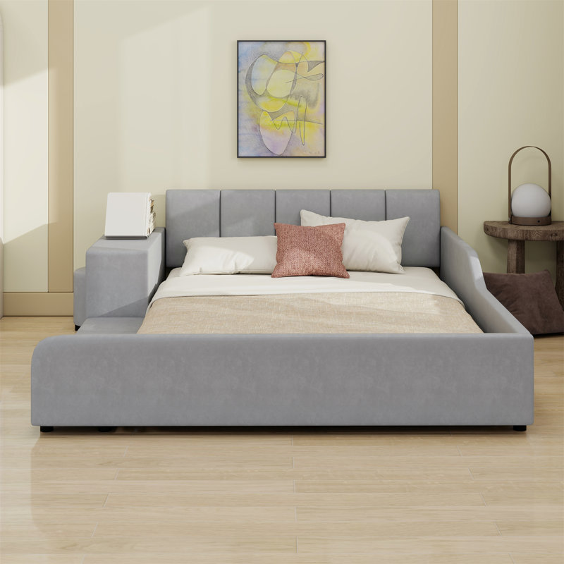 Upholstered Grounded Bed, Mother & Child Bed With Bedside Desk And Little Round Stool, Gray, Queen